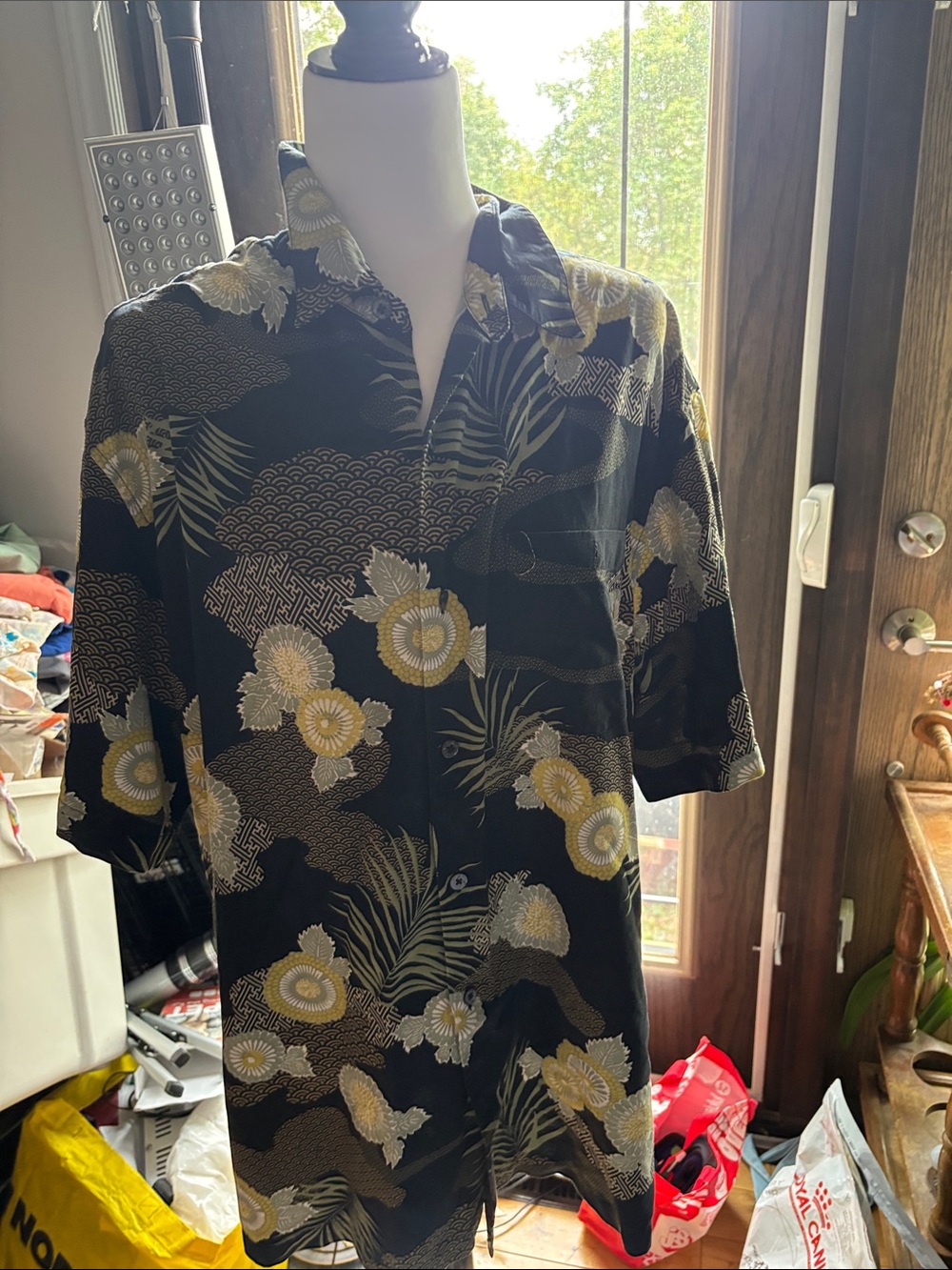 Tori Richard Black Short-Sleeve Button-Down with Yellow Floral Print